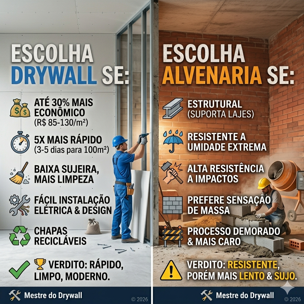 Drywall vs. Alvenaria Comparativo de custos, tempo de obra e sujeira
